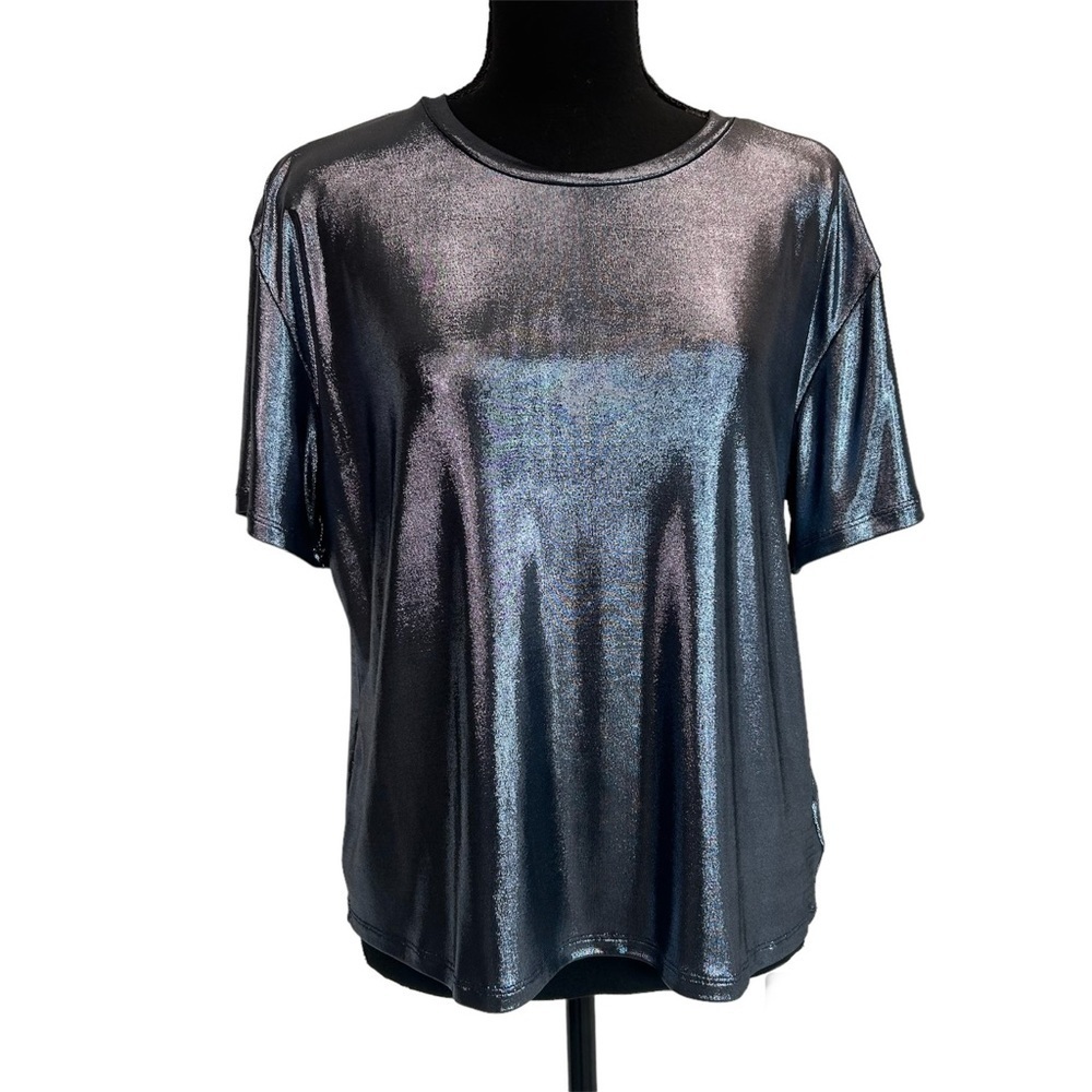 H&m Divided metallic blue short sleeve jersey top blouse Sz S